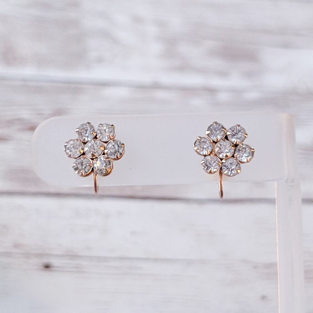 Vintage Screw Back Earrings 0.5" Clear Gem Dainty Flower